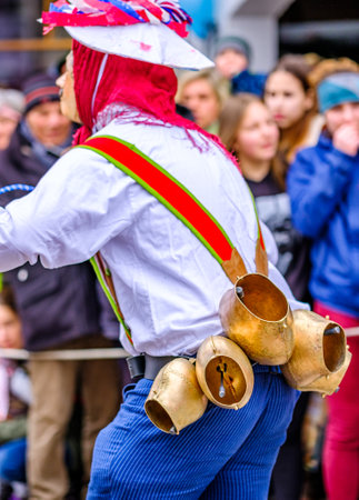 Mittenwald, Germany - February 20: participants of a parade with traditional disguise with large wooden masks and historic costumes called 'maschkera' on February 20, 2020 in Mittenwaldのeditorial素材