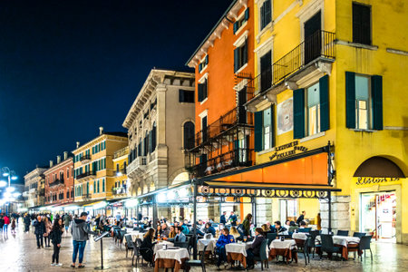 Verona, Italy - March 9: tourists at the famous old town of verona in italy on March 9, 2019のeditorial素材