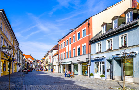Murnau, Germany - March 8: some people visiting the famous old town called untermarkt on March 8, 2020 in murnau, Germanyのeditorial素材