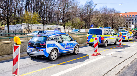 Munich, Germany - March 29: Police Car at a demonstration in Munich, Ludwigstrasse on March 29, 2019