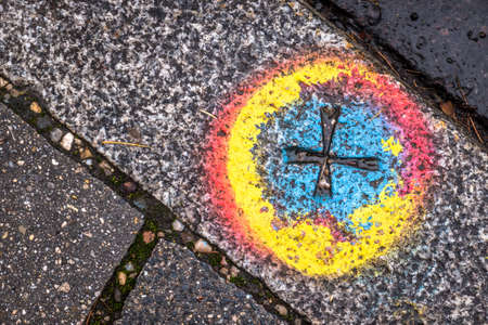 old road marking at a roadの写真素材