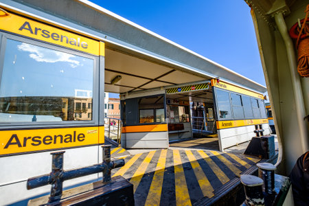 Venice, Italy - March 15: typical shipping pier for the passenger ferries at the canale grande in venice on March 15, 2019のeditorial素材