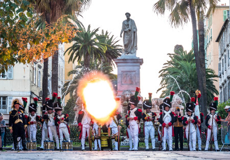 Ajaccio, Corsica island, France - September 12 : The reenactors dressed as Napoleon epoch soldiers for celebration the Napoleon birthday who was born in Ajaccio 250 years ago on September 12, 2019のeditorial素材