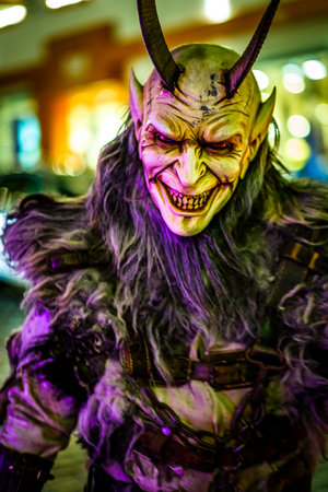 Bad Toelz, Germany - December 7: participant of a traditional pageant called krampuslauf with fantasy costumes and handmade wooden masks on December 7, 2019 in Bad Toelz, Germanyのeditorial素材