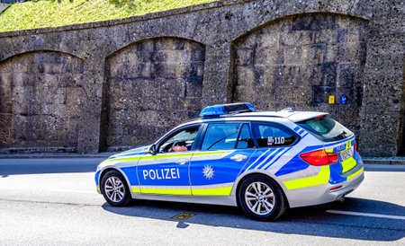 Rosenheim, Germany - April 22: typical german police car in Rosenheim on April 22, 2019のeditorial素材