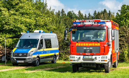 Koenigsdorf, Germany - September 8: typical german police and fire department cars in Koenigsdorf on September 8, 2018のeditorial素材