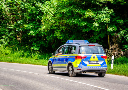 Rosenheim, Germany - July 20: typical german police car in Rosenheim on July 20, 2019のeditorial素材