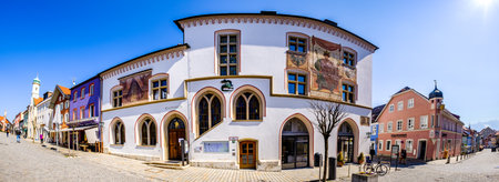 Murnau, Germany - April 2: famous old town called untermarkt with historic bavarian houses on April 2, 2020 in murnau, Germanyのeditorial素材