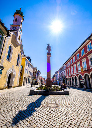 Murnau, Germany - April 2: famous old town called untermarkt with historic bavarian houses on April 2, 2020 in murnau, Germanyのeditorial素材
