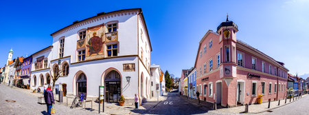 Murnau, Germany - April 2: famous old town called untermarkt with historic bavarian houses on April 2, 2020 in murnau, Germanyのeditorial素材