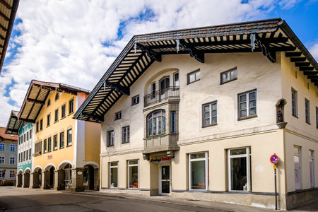 Miesbach, Germany - April 12: typical historic bavarian buildings at the old town of Miesbach on April 12, 2020のeditorial素材