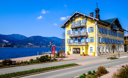 Tegernsee, Germany - April 3: typical historic bavarian houses in the old town of Tegernsee on April 3, 2020のeditorial素材