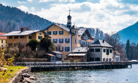 Tegernsee, Germany - April 3: typical historic bavarian houses in the old town of Tegernsee on April 3, 2020のeditorial素材