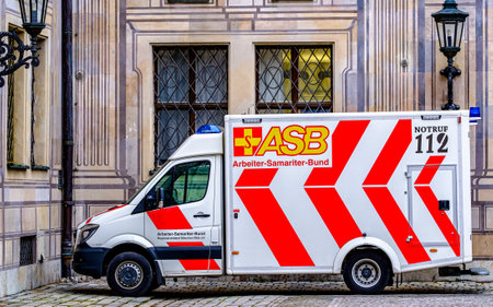 Munich, Germany - February 14: typical german ambulance car in the old town of Munich on February...