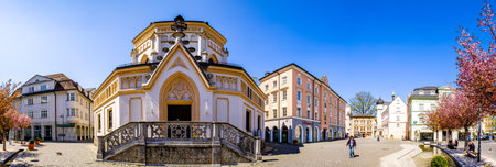 Rosenheim, Germany - April 11: typical historic bavarian buildings at the old town of Rosenheim on April 11, 2020のeditorial素材