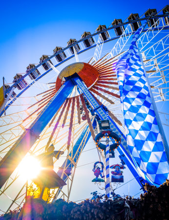 Munich, Germany - October 1: famous ferris wheel and decoration at the annual oktoberfest in Munich on October 1, 2019のeditorial素材