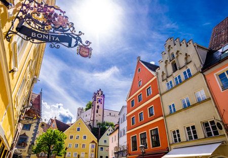 Fuessen, Germany - May 8: historical old bavarian buildings at the old town of fuessen on May 8, 2020のeditorial素材