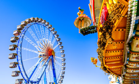 Munich, Germany - October 1: famous ferris wheel and decoration at the annual oktoberfest in Munich on October 1, 2019のeditorial素材