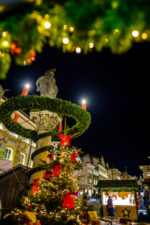 Bad Toelz, Germany - December 17: sales booths at the famous christmas market between the old facades in the old town on December 17, 2019 in Bad Toelzのeditorial素材