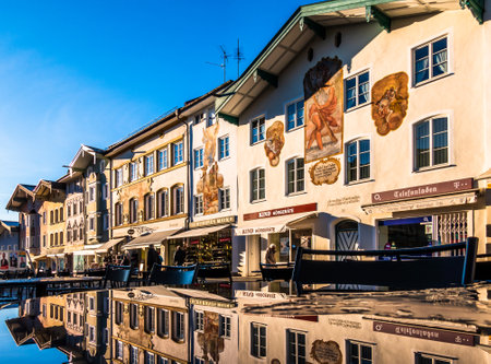 Bad Toelz, Germany - January 24: the famous old facades with historic murals in the old town on January 24, 2020 in Bad Toelz, Germanyのeditorial素材