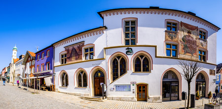Murnau, Germany - April 2: famous old town called untermarkt with historic bavarian houses on April 2, 2020 in murnau, Germanyのeditorial素材
