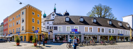 Rosenheim, Germany - April 11: typical historic bavarian buildings at the old town of Rosenheim on April 11, 2020のeditorial素材