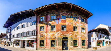 Mittenwald, Germany - April 7: famous old town with historic buildings in Mittenwald on April 7, 2020のeditorial素材