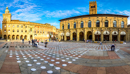 Bologna, Italy - October, 10: Participants in the action "riempi il piatto vuoto" (translation: "fill the empty plate") by Caritas and CEFA while collecting food for the needy on Piazza Maggiore in Bologna on October 10, 2020のeditorial素材