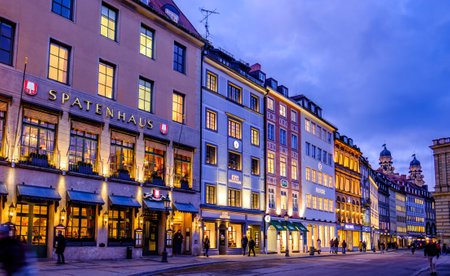 Munich, Germany - January 20: historic facades and stores of the famous Residenstrasse Street in munich on January 20, 2020のeditorial素材
