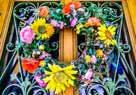 typical old wreath at a doorの写真素材