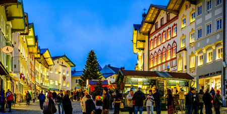 Bad Toelz, Germany - December 8: sales booths at the famous christmas market between the old facades in the old town on December 8, 2020 in Bad Toelzのeditorial素材