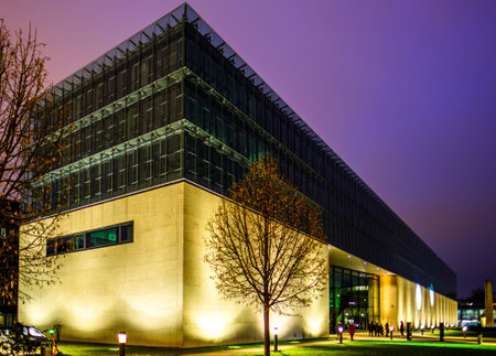 Munich, Germany - January 3: Light installation in the art area of Munich on the museum building - Motto: "The art area connects" by Betty MÃ¼ and WE ARE VIDEO in Munich on January 3, 2021のeditorial素材