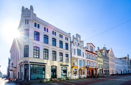 Wismar, Germany - June 11: historic buildings at the old town of Wismar on June 11, 2021のeditorial素材