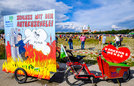 Munich, Germany - September 11: Protesters holding a banner at a protest march, against the IAA Mobility (auto) show taking place in the city in Munich on September 11, 2021のeditorial素材