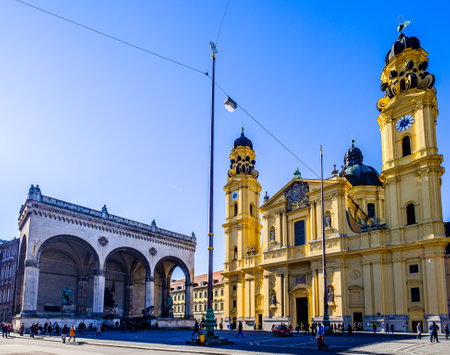Munich, Germany - February, 6: people at the historic Feldherrnhalle and Theatiner Church in Munich at the Odeonsplatz on February 6, 2020のeditorial素材