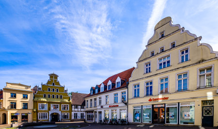 Wismar, Germany - June 11: historic buildings at the old town of Wismar on June 11, 2021のeditorial素材