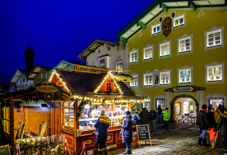 Bad Toelz, Germany - December 6: sales booths at the famous christmas market between the old facades in the old town on December 6, 2020 in Bad Toelzのeditorial素材