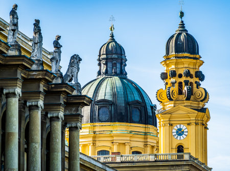 historic Feldherrnhalle and Theatiner Church in Munich at the Odeonsplatz - bavariaの写真素材