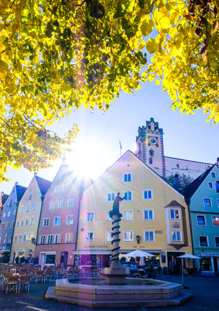 Fuessen, Germany - October 23: historic buildings at the old town of Fuessen on October 23, 2021
