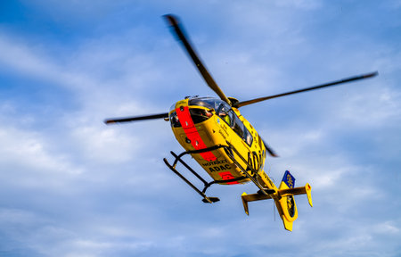 Tutzing, Germany - July 19: typical rescue helicopter of the ADAC in Tutzing on July 19, 2021のeditorial素材