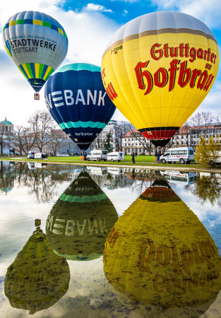 Stuttgart, Germany - December 18: Hot air balloons from the company Stuttgarter HofbrÃ¤u, BW-Bank and Stadtwerke in the old town of Stuttgart on December 18, 2021のeditorial素材