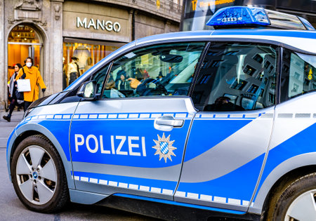 Munich, Germany - November, 18: Police car at a street in the old town of Munich on November 18, 2021のeditorial素材