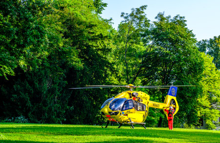 Tutzing, Germany - August 15: typical rescue helicopter of the ADAC in Tutzing on August 15, 2021のeditorial素材