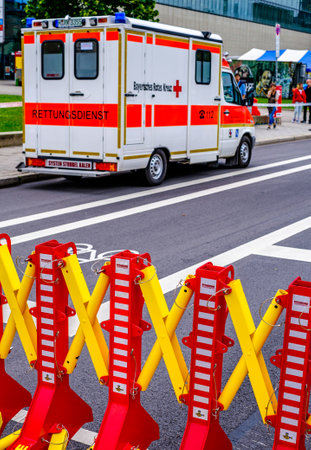 Munich, Germany - July 18: typical german ambulance car in the old town of munich on July 18, 2021のeditorial素材