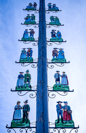 Bavaria, Germany - January 22: typical old bavarian maypole with antique paintings near Munich on January 22, 2021のeditorial素材