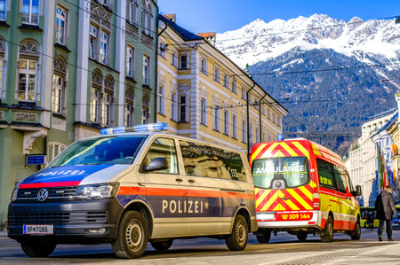 Innsbruck, Austria - January 26: typical police car at the old town of Innsbruck on January 26, 2022のeditorial素材