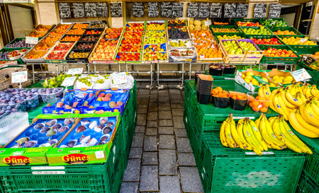 Munich, Germany - August 5:typical fruit stand at a street in the old town of Munich on August 5, 2020のeditorial素材