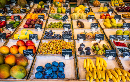 Munich, Germany - September 11:typical fruit stand at a street in the old town of Munich on September 11, 2018のeditorial素材