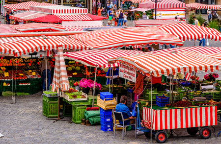 Nuremberg, Germany - July 5: typical fruit stand at a market place in Nuremberg on July 5, 2019のeditorial素材