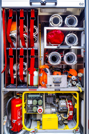 Bad Wiessee, Germany - May 26: typical fire department truck and equipment in Bad Wiessee on May 26, 2019のeditorial素材